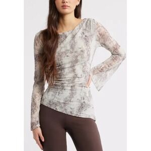 NWT‎ OPEN EDIT Mesh Bell Sleeve Top Grey-Brown Snakeskin Women Size Large Party